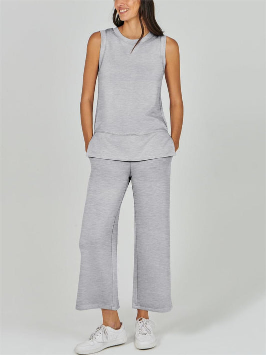 Women's Casual Sleeveless Slit Hem Wide Leg Suit Set