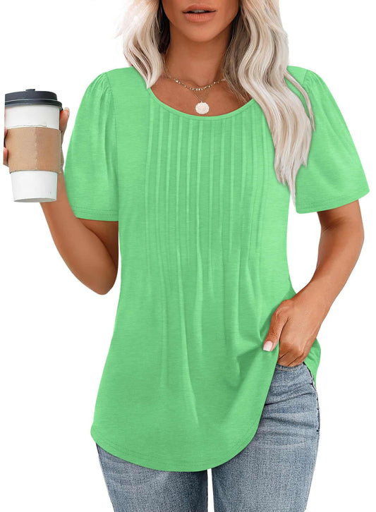 Casual scooped neck top in green with pleated front and puff sleeves.