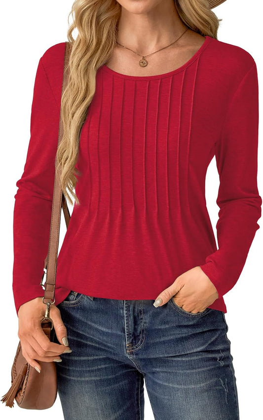 Chicbeautyy Womens Dressy Long Sleeve Pleated Tops Casual Chic Crew Neck Blouses