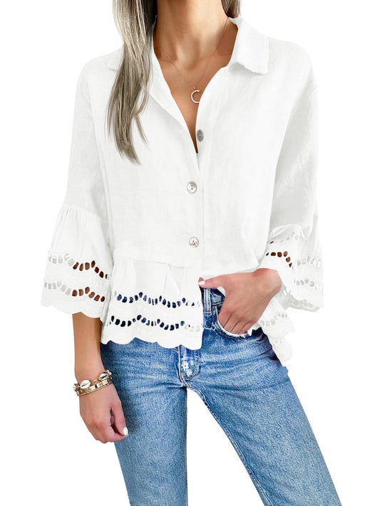 Women's white eyelet lace blouse with ruffle hem and hollow out details, paired with jeans.