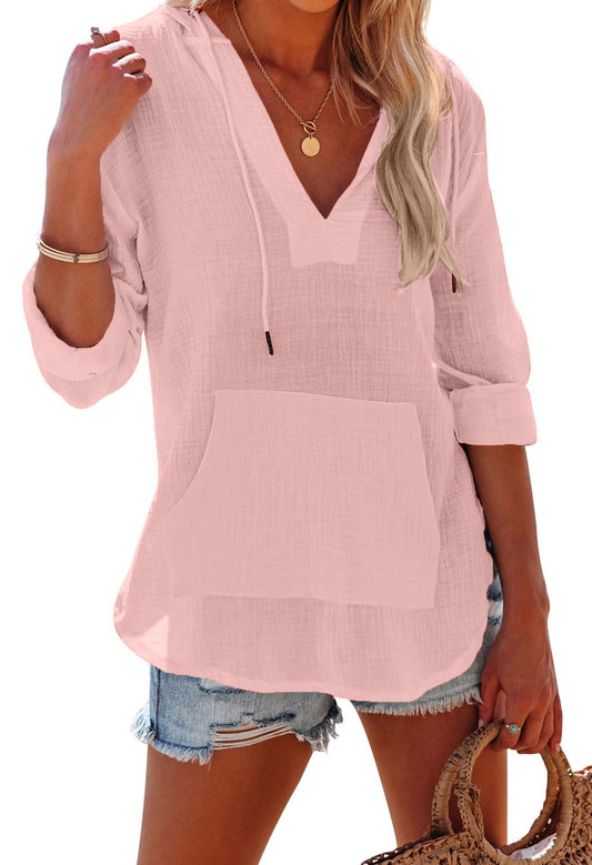 Chicbeautyy Women's Long Sleeve V Neck Pocketed Hooded Shirt Top