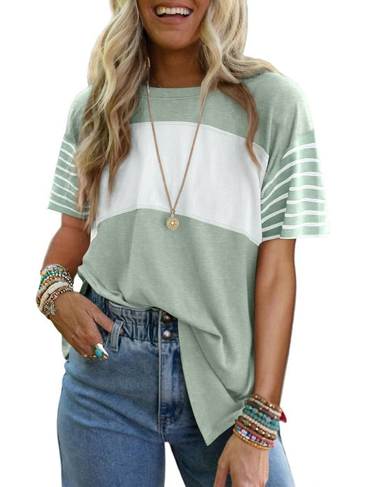 ✨Womens Oversized Crewneck Casual Color Block Striped Shirts Blouses(Buy 3 Free Shipping)