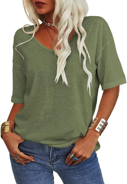 Summer Casual T-shirt in green with deep V-neck and half sleeves, perfect for everyday wear.