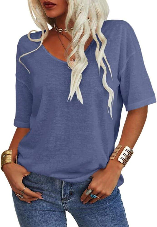 Summer Casual T-shirt with deep V-neck and half sleeves in solid color.