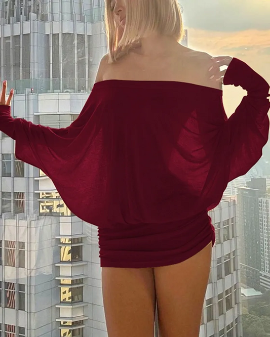 Chicbeautyy Off Shoulder Sheer Ruched Long Sleeve Dress