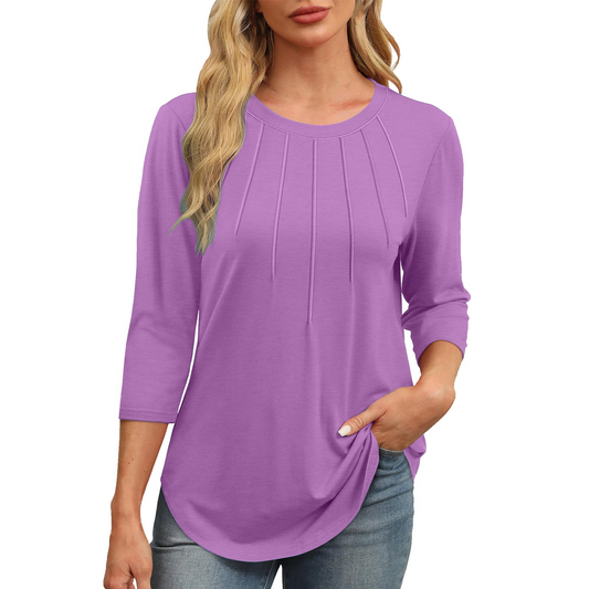 Women's 3/4 Sleeve Pleated Curved Hem Tunic Tops (Buy 3 Free Shipping)