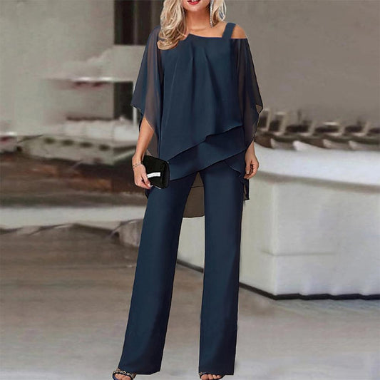 Chic Beautyy Navy Cold Shoulder Ruffled Tiered Top and Pants Two Piece Set
