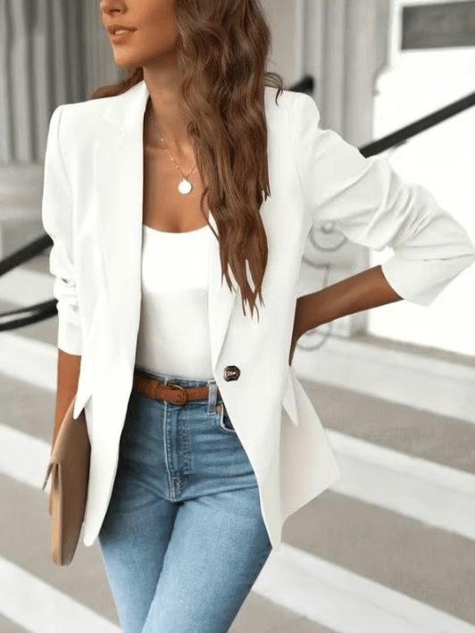 ChicBeautyy Women's Minimalist Solid Button Lapel Collar Blazer