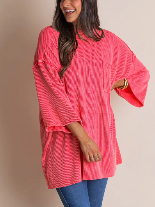 Oversized high neck urban ribbed tunic with exposed seams and front pocket.