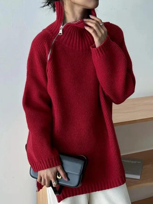 Chic Beautyy Red Plain High Neck Sweater