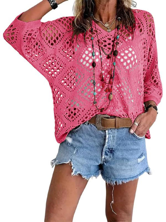 Chicbeautyy Bohemian-Inspired Beige Crochet Top with V-Neck
