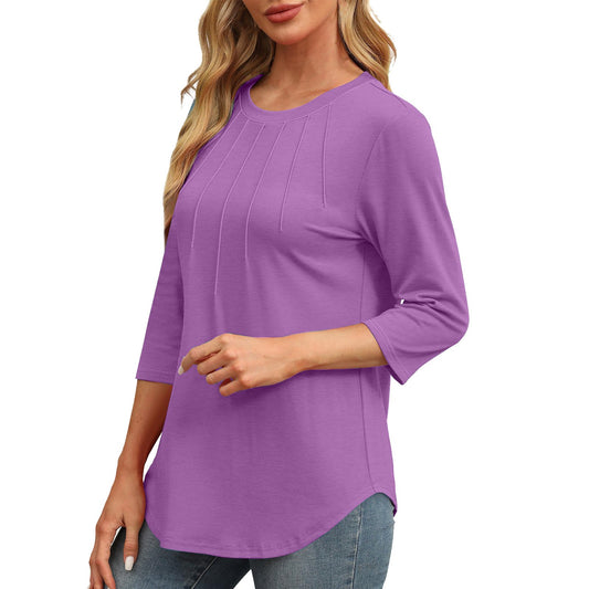 Women's 3/4 Sleeve Pleated Curved Hem Tunic Tops (Buy 3 Free Shipping)