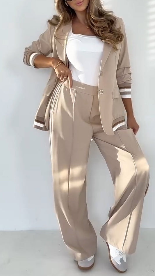 ChicBeautyy Women's Lapel Solid Color Striped Casual Suit