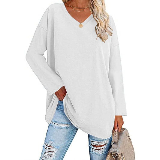 Women's loose long sleeve V-neck top in white, casual and versatile fashion for any occasion.