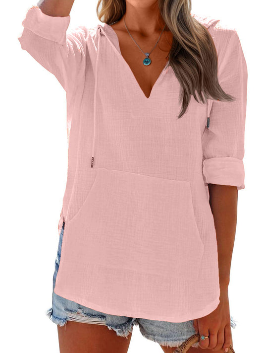 Chicbeautyy Women's Long Sleeve V Neck Pocketed Hooded Shirt Top