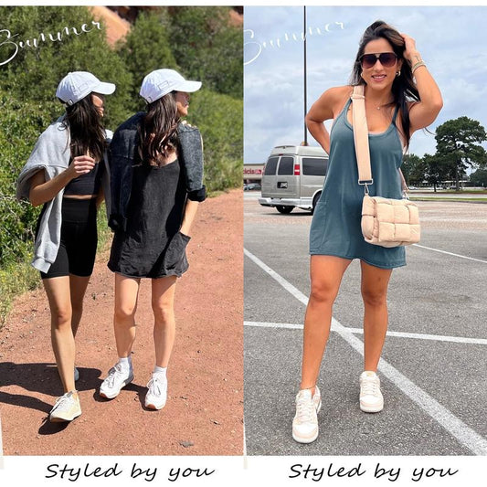 🔥2025 Hot Sale🔥Women's Athletic Sleeveless Mini Dress with Built-in Shorts V Neck Spaghetti Strap Short Tennis Dress with Pockets