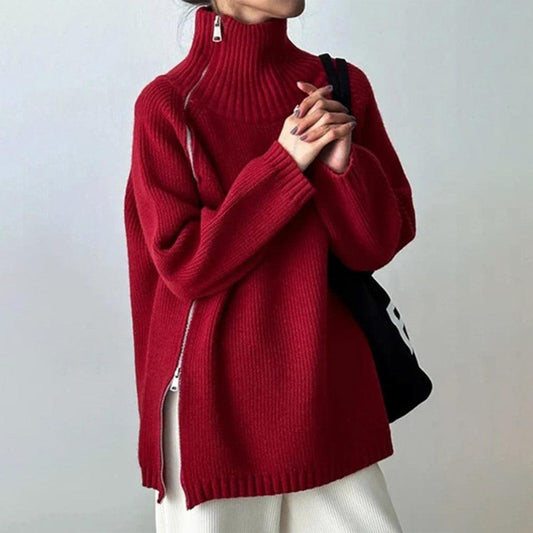 Chic Beautyy Red Plain High Neck Sweater