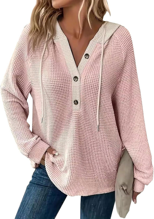 Chic Beautyy Women's Waffle Knit Drawstring Button Long Sleeve Hoodie