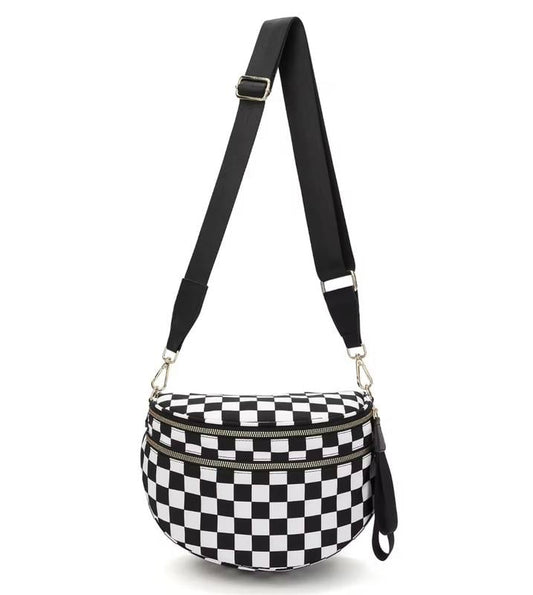 🎁Black and White Checkered Nylon Bum Bag Plus Size Friendly Fanny Pack