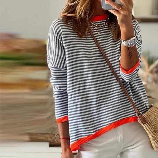 Chic Beautyy Orange Trim Navy and White Stripe Long Sleeve Top