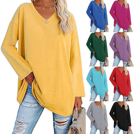 Women's loose long sleeve V-neck top in various colors, ideal for casual and versatile styling.