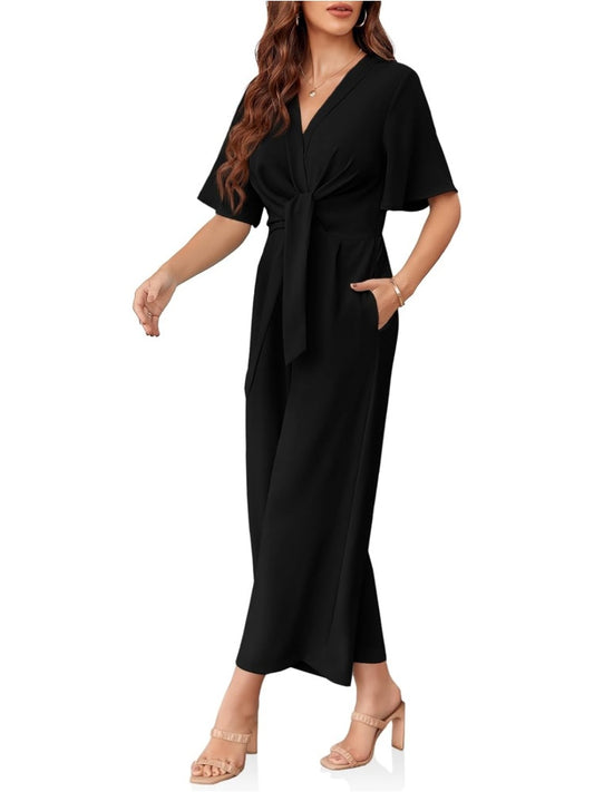✨Womens Short Sleeve Tie Knot Front Wide Leg Jumpsuits (BUY 2 FREE SHIPPING)