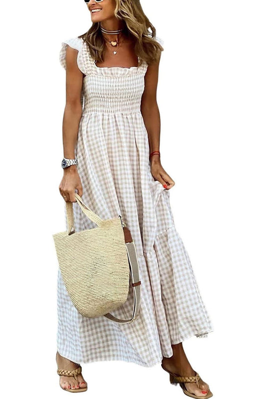 Chicbeautyy Women's Retro Plaid Smocked Dress Spaghetti Strap Flounce Long Dress With Pockets