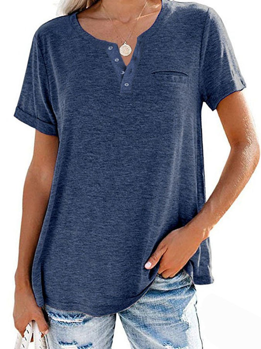 Fashion solid color short sleeve V-neck T-shirt with pocket, casual loose fit for summer.