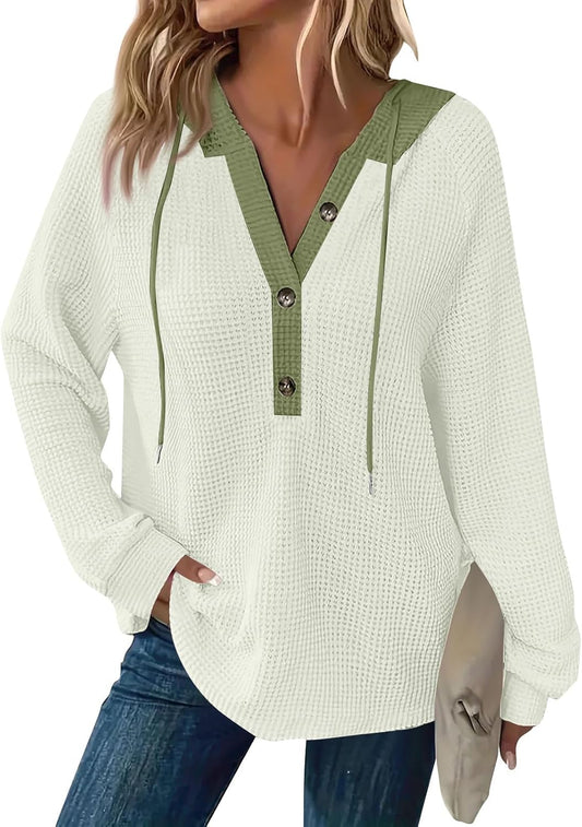Chic Beautyy Women's Waffle Knit Drawstring Button Long Sleeve Hoodie