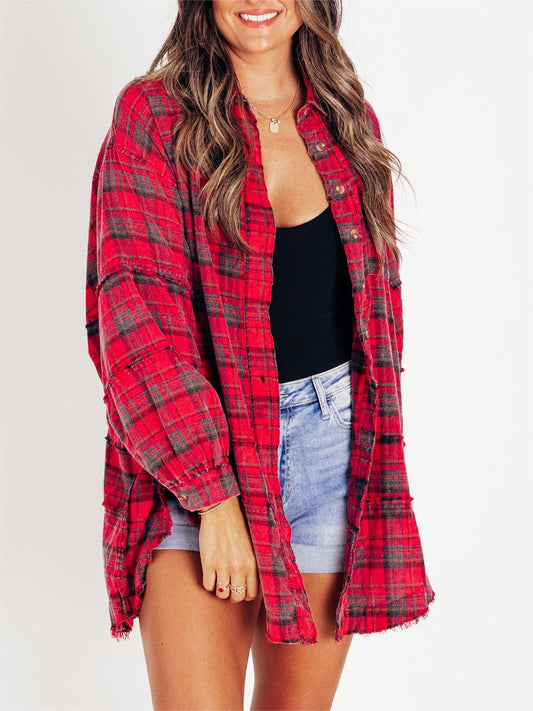 2025 Women's Mineral Washed Button Down Plaid Shirt with Pockets (Buy 2 Free Shipping)