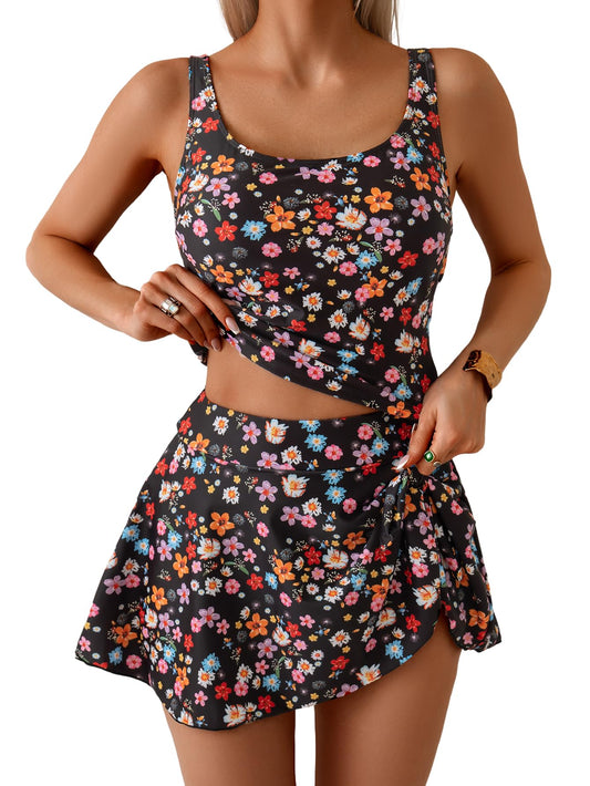 Chicbeautyy Women's Tummy Control Two Piece Swimsuit High Waisted Tank Top with Swim Skirt