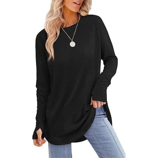 ChicBeautyy Womens Tunic Tops to Wear with Leggings Long Sleeve Thumb Hole Shirts Crew Neck Curved Hem