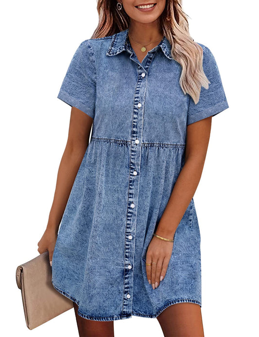 Women's Doll Neck Short Sleeve Button Down Denim Shirt Dresses(Buy 2 Free Shipping)