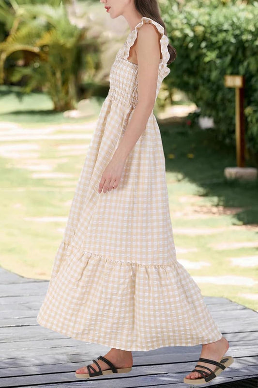Chicbeautyy Women's Retro Plaid Smocked Dress Spaghetti Strap Flounce Long Dress With Pockets