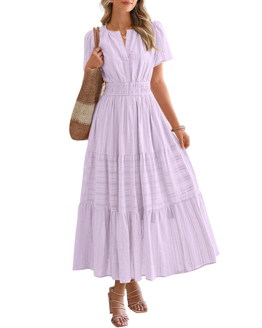 Chicbeautyy Women's Lightweight Short Sleeve V Neck Elastic Waist Dresses