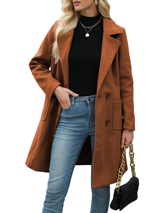 ChicBeautyy Women Winter Wool Blend Camel Mid-Long Coat Notch Double-Breasted Lapel Jacket Outwear(Buy 2 Free Shipping)