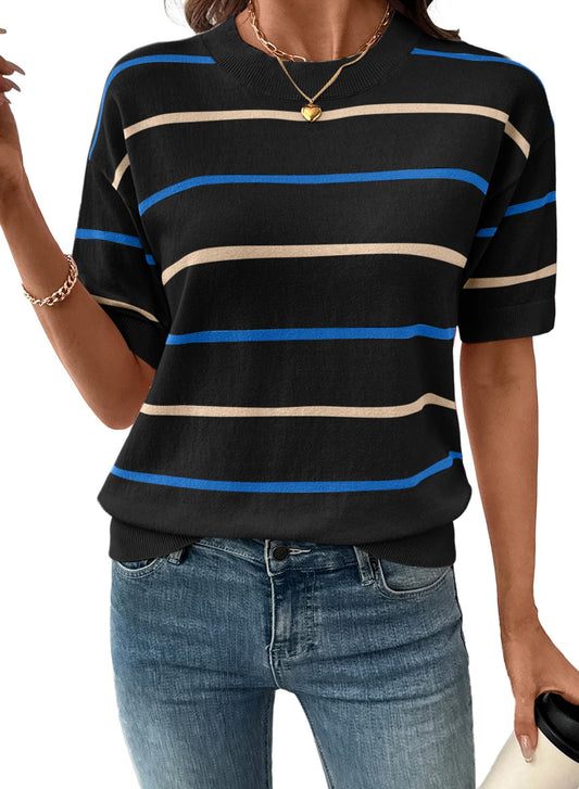 Chicbeautyy Women's Crewneck Short Sleeve Knit Striped Tops