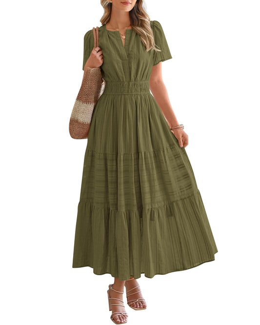 Chicbeautyy Women's Lightweight Short Sleeve V Neck Elastic Waist Dresses