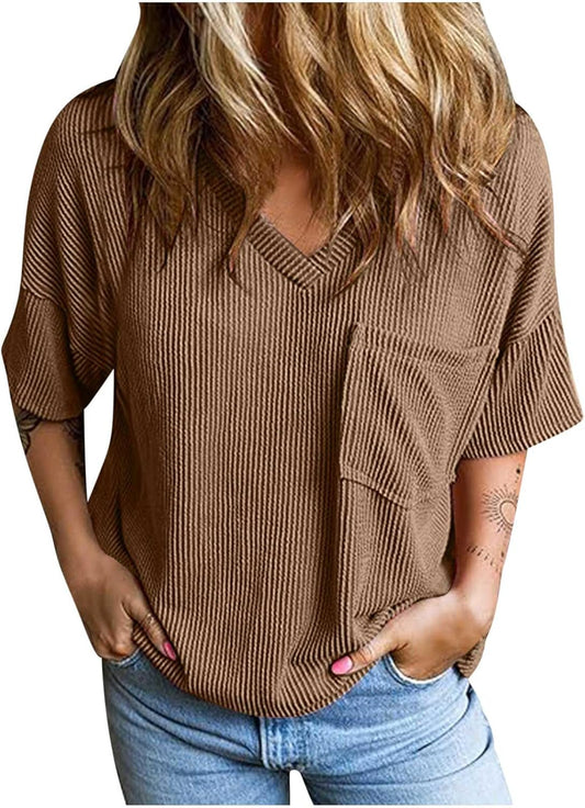 2025 Summer Casual V Neck Blouses Loose Solid Short Sleeve T-Shirts