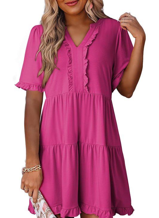 Chicbeautyy Womens V Neck Casual A Line Flowy Swing Shift Dress