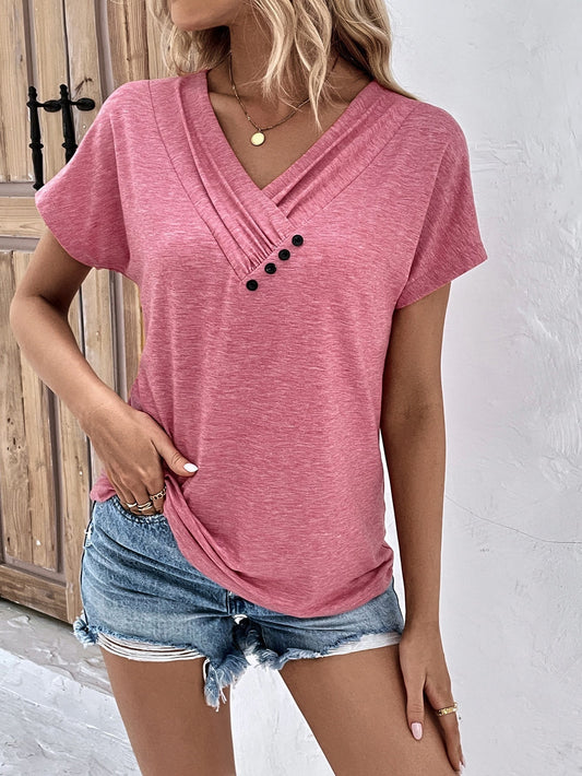 Casual pink V neck tee with button detail and batwing short sleeves.
