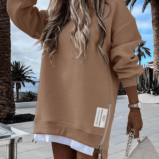 ChicBeautyy Long Sleeve Pullover Sweatshirt Zipper Slit Casual Dress