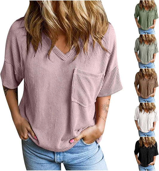 2025 Summer Casual V Neck Blouses Loose Solid Short Sleeve T-Shirts