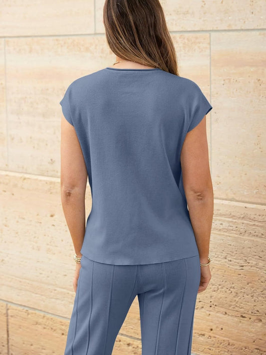 Chicbeautyy Round Neck Cap Sleeve Top and Pants Knit Set