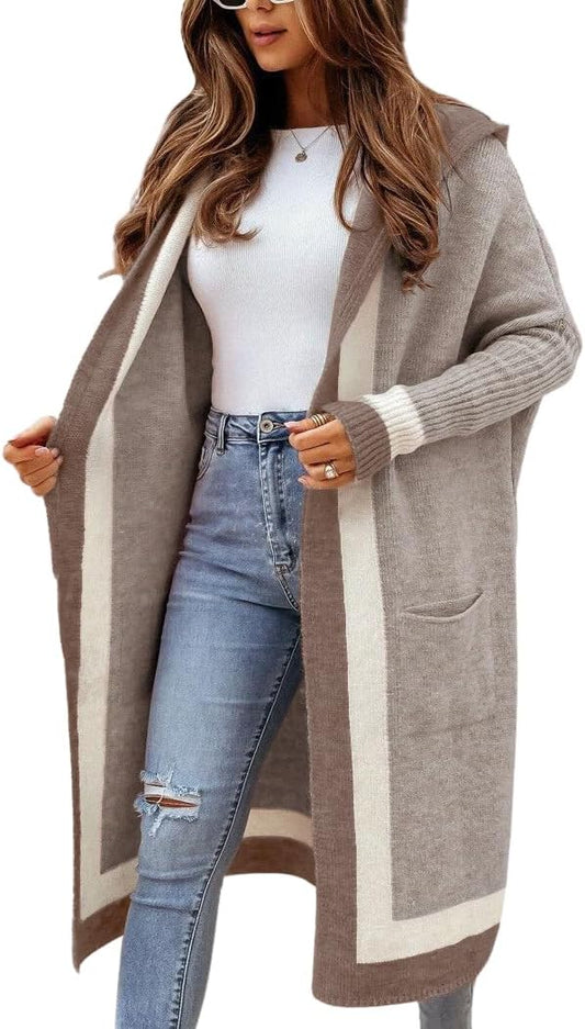 ChicBeautyy Women's Color Block Vertical Striped Open Front Oversized Hooded Long Cardigan Sweaters with Pockets