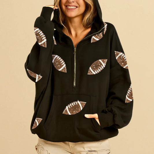 Chic Beautyy Football Sequin Zipper Hoodie