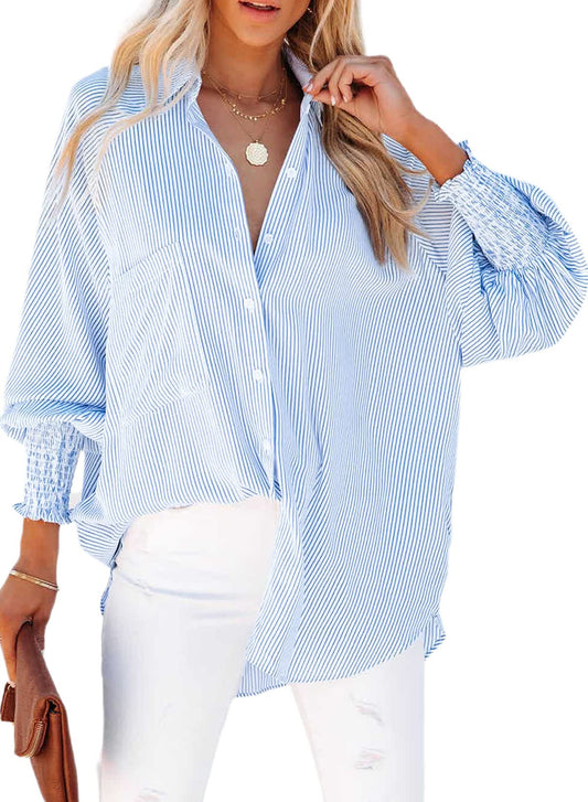 Limited time sale🔥Women's Striped Pleated Cuff Shirt Casual Tops(BUY 2 FREE SHIPPING)