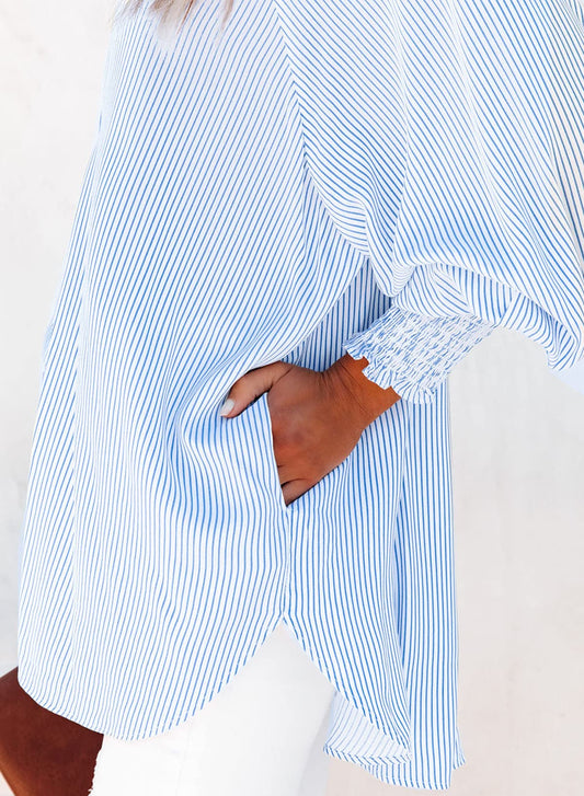 Limited time sale🔥Women's Striped Pleated Cuff Shirt Casual Tops(BUY 2 FREE SHIPPING)