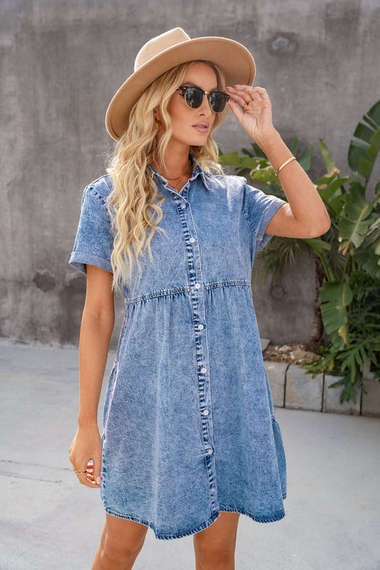 Women's Doll Neck Short Sleeve Button Down Denim Shirt Dresses(Buy 2 Free Shipping)