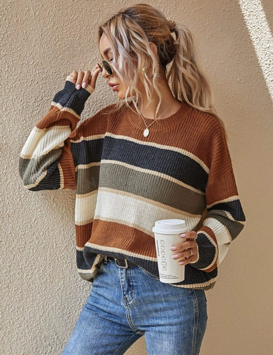 ChicBeautyy Contrast Striped Round Neck Long Sleeve Sweater